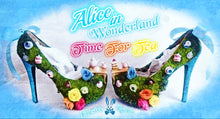 Load image into Gallery viewer, Alice In Wonderland Time For Tea Party Flower Custom Glitter Ribbon Blue Shoe Heel Size 3 4 5 6 7 8 High Heels Platform UK Mad Hatter Women