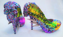 Lade das Bild in den Galerie-Viewer, Rainbow Metal Spiked Skull Heels Grim Reaper Dead Skull Jaw Custom Glitter Paint Glitter Shoe Heel Size 3 4 5 6 7 8 9 Platform Alt Punk Goth