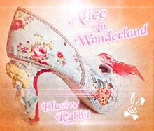 Load image into Gallery viewer, Sculpted John Tenniel's Classic 1865 Alice In Wonderland Lace Fabric Custom Heel Ribbon Blue Shoe Size 3 4 5 6 7 8 Wedding Bridal Heel Women