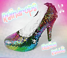 Cargar imagen en el visor de la galería, Rainbow Raindrops Scales Wedding Bridal Heel Mermaid Reversible Sequin Fabric Heels Custom Personalized Shoe Size 3 4 5 6 7 8 Party Pride