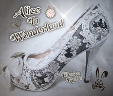 Cargar imagen en el visor de la galería, John Tenniel's Classic 1865 Alice In Wonderland Lace Fabric Custom Heel Ribbon White Black Shoe Flat Size 3 4 5 6 7 8 Wedding Bridal Heel UK