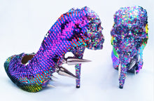 Lade das Bild in den Galerie-Viewer, Rainbow Metal Spiked Skull Heels Grim Reaper Dead Skull Jaw Custom Glitter Paint Glitter Shoe Heel Size 3 4 5 6 7 8 9 Platform Alt Punk Goth