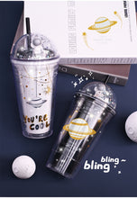 Cargar imagen en el visor de la galería, 380ml 500ml Interstellar Wandering Double Layer Straw Cup Creative Gift Astronaut Plastic Cup Children's Cute Colorful Water Cup