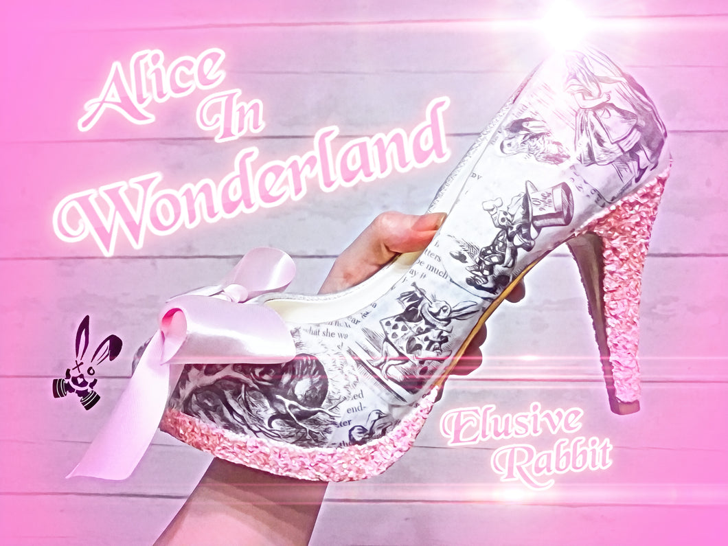 John Tenniels Classic 1865 Vintage Colour Alice In Wonderland Decoupage Custom Women Glitter Shoe Heel Black White Size 3 4 5 6 7 8 Platform