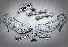Load image into Gallery viewer, John Tenniel's Classic 1865 Vintage Alice In Wonderland Decoupage Custom Women Glitter Shoe High Heel Black White Size 3 4 5 6 7 8 Platform