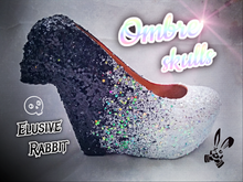 Lade das Bild in den Galerie-Viewer, Black & White Ombre Glitter Skull Heels Reaper Goth Gothic Halloween Cosplay Costume Dead Custom Sculpted Black Shoe Size 3 4 5 6 7 8
