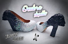 Lade das Bild in den Galerie-Viewer, Black & White Ombre Glitter Skull Heels Reaper Goth Gothic Halloween Cosplay Costume Dead Custom Sculpted Black Shoe Size 3 4 5 6 7 8