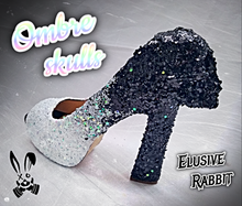 Lade das Bild in den Galerie-Viewer, Black & White Ombre Glitter Skull Heels Reaper Goth Gothic Halloween Cosplay Costume Dead Custom Sculpted Black Shoe Size 3 4 5 6 7 8