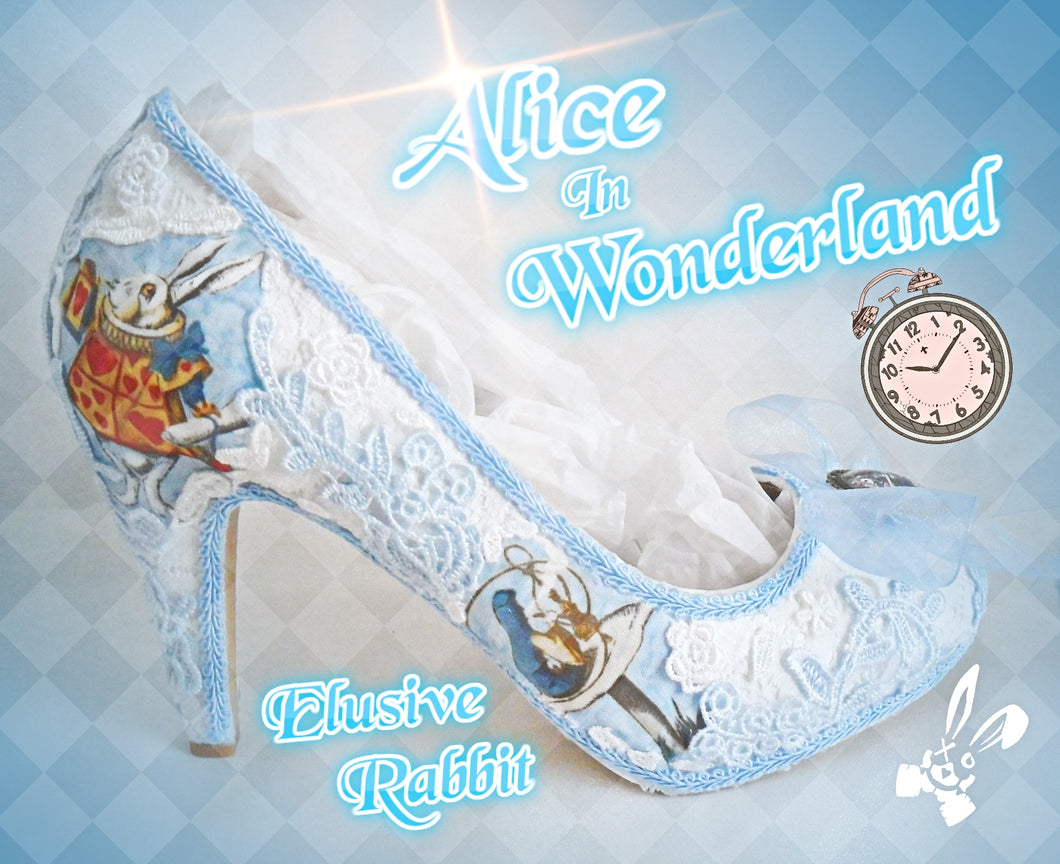John Tenniel's Classic 1865 Alice In Wonderland Lace Fabric Custom Heel Ribbon Blue Shoe Flat Size 3 4 5 6 7 8 Wedding Bridal Heel UK Women