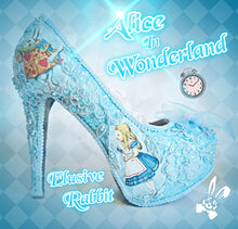 Cargar imagen en el visor de la galería, John Tenniel's Classic 1865 Alice In Wonderland 5.5" Lace Sequin Fabric Custom Heel Ribbon Blue Shoe Size 3 4 5 6 7 8 Wedding Bridal Women