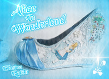 Load image into Gallery viewer, John Tenniel&#39;s Classic 1865 Alice In Wonderland Lace Fabric Flower Custom Heel Ribbon Blue Shoe Size 3 4 5 6 7 8 Wedding Bridal Wedge Women
