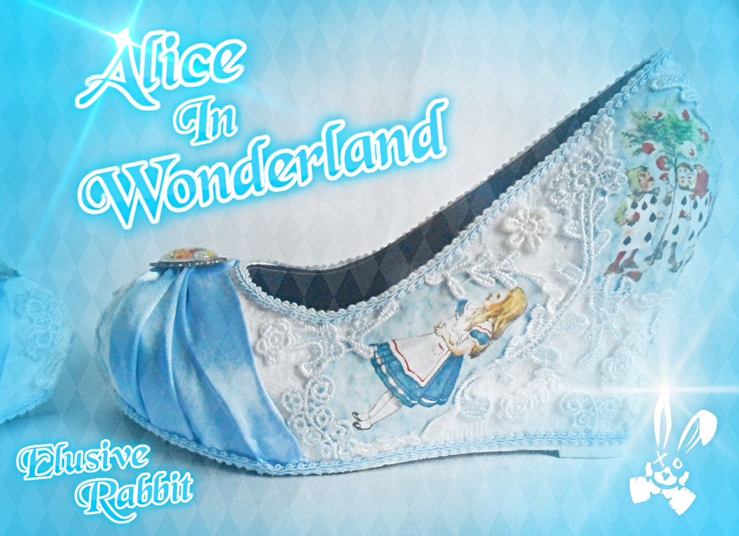John Tenniel's Classic 1865 Alice In Wonderland Lace Fabric Flower Custom Heel Ribbon Blue Shoe Size 3 4 5 6 7 8 Wedding Bridal Wedge Women