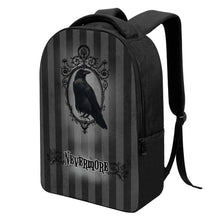 Lade das Bild in den Galerie-Viewer, Nevermore Black Grey Edgar Allan Poe Raven Laptop Backpack Wednesday Addams