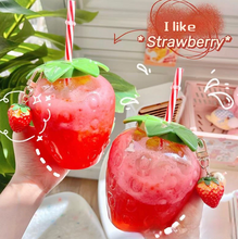 Cargar imagen en el visor de la galería, Summer cartoon kawaii strawberry straw cup plastic cup lovely girl milk tea coffee cup student portable water cup water bottle