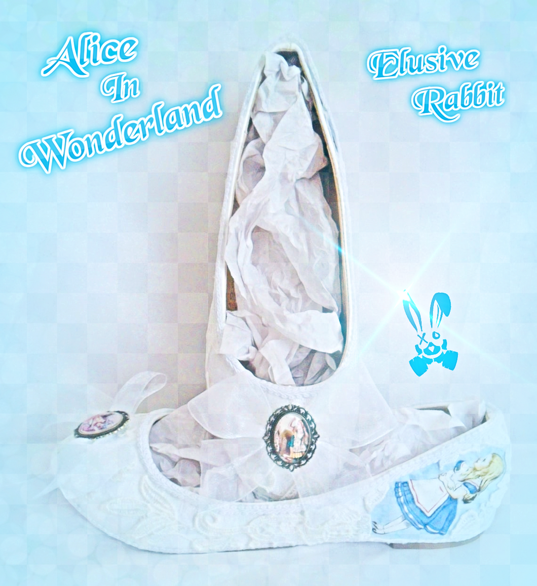 John Tenniel's Classic 1865 Alice In Wonderland Lace Fabric Custom Dolly Ribbon Blue Shoe Flat Size 3 4 5 6 7 8 Wedding Bridal UK Mad Women