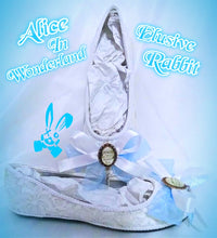 Load image into Gallery viewer, Alice in Wonderland White Silver Charm Blue Lace Custom Dolly Ribbon Shoe Flat Wedding Bridal Vintage Brooch Size 3 4 5 6 7 8 Wedge Heel
