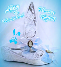 Load image into Gallery viewer, Alice in Wonderland White Silver Charm Blue Lace Custom Dolly Ribbon Shoe Flat Wedding Bridal Vintage Brooch Size 3 4 5 6 7 8 Wedge Heel