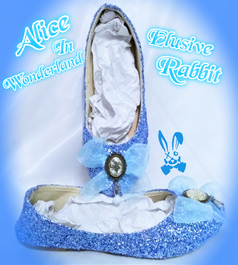 Alice in Wonderland Glow in the Dark Bottle Charm Blue Glitter Custom Dolly Ribbon Shoe Flat Wedding Bridal Size 3 4 5 6 7 8 Wedge Heel