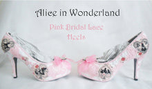 Cargar imagen en el visor de la galería, John Tenniel's Classic 1865 Alice In Wonderland Lace Fabric Custom Heel Ribbon Pink Shoe Flat Size 3 4 5 6 7 8 Wedding Bridal Heel UK Women