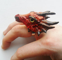 Załaduj obraz do przeglądarki galerii, Fire Dragon Head Ring Custom Hand Sculpt Paint Red Yellow Black Multicolour Adjustable Kraken Mens Womens Unisex Octopus Jewelry