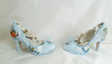 Load image into Gallery viewer, John Tenniel's Classic 1865 Alice In Wonderland Lace Fabric Custom Heel Ribbon Blue Shoe Flat Size 3 4 5 6 7 8 Wedding Bridal Heel UK Women