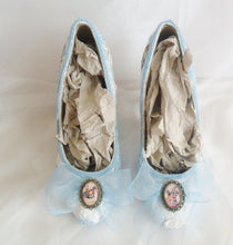 Load image into Gallery viewer, John Tenniel's Classic 1865 Alice In Wonderland Lace Fabric Custom Heel Ribbon Blue Shoe Flat Size 3 4 5 6 7 8 Wedding Bridal Heel UK Women