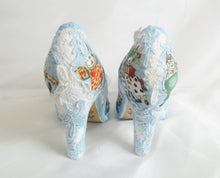 Load image into Gallery viewer, John Tenniel's Classic 1865 Alice In Wonderland Lace Fabric Custom Heel Ribbon Blue Shoe Flat Size 3 4 5 6 7 8 Wedding Bridal Heel UK Women
