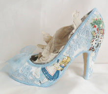 Load image into Gallery viewer, John Tenniel's Classic 1865 Alice In Wonderland Lace Fabric Custom Heel Ribbon Blue Shoe Flat Size 3 4 5 6 7 8 Wedding Bridal Heel UK Women