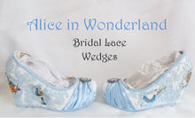 Load image into Gallery viewer, John Tenniel's Classic 1865 Alice In Wonderland Lace Fabric Flower Custom Heel Ribbon Blue Shoe Size 3 4 5 6 7 8 Wedding Bridal Wedge Women
