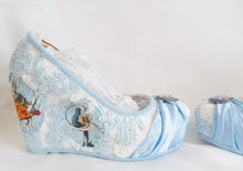 Load image into Gallery viewer, John Tenniel's Classic 1865 Alice In Wonderland Lace Fabric Flower Custom Heel Ribbon Blue Shoe Size 3 4 5 6 7 8 Wedding Bridal Wedge Women