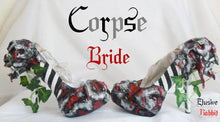 Load image into Gallery viewer, Corpse Bride Glow In The Dark Heels Halloween Skull Blood Gothic Goth Stripe Wedding Lace Ivy Eye Custom Hand Shoe Size 3 4 5 6 7 8 Monster