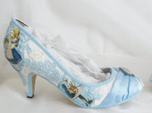 Load image into Gallery viewer, John Tenniel's Classic 1865 Alice In Wonderland Lace Fabric Custom Heel Ribbon Blue Shoe Size 3 4 5 6 7 8 Wedding Bridal Women 3" Kitten Low