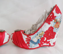 Cargar imagen en el visor de la galería, John Tenniel's Classic 1865 Alice In Wonderland Lace Fabric Flower Custom Heel Ribbon Red Shoe Size 3 4 5 6 7 8 Wedding Bridal Wedge Women