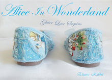 Cargar imagen en el visor de la galería, John Tenniel Classic 1865 Alice In Wonderland Sequin Glitter Lace Fabric Custom Dolly Ribbon Blue Shoe Flat Size 3 4 5 6 7 8 Wedding Bridal