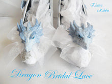 Cargar imagen en el visor de la galería, Dragon Wedding Lace Bridal Heels Fabric Flower Custom Ribbon Blue Shoe Size 3 4 5 6 7 8 UK Women 3" Kitten Low Wing