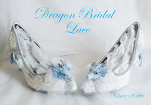 Cargar imagen en el visor de la galería, Dragon Wedding Lace Bridal Heels Fabric Flower Custom Ribbon Blue Shoe Size 3 4 5 6 7 8 UK Women 3" Kitten Low Wing