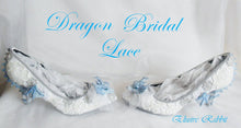 Cargar imagen en el visor de la galería, Dragon Wedding Lace Bridal Heels Fabric Flower Custom Ribbon Blue Shoe Size 3 4 5 6 7 8 UK Women 3" Kitten Low Wing