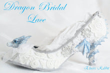 Cargar imagen en el visor de la galería, Dragon Wedding Lace Bridal Heels Fabric Flower Custom Ribbon Blue Shoe Size 3 4 5 6 7 8 UK Women 3" Kitten Low Wing