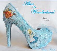 Cargar imagen en el visor de la galería, John Tenniel's Classic 1865 Alice In Wonderland 5.5" Lace Sequin Fabric Custom Heel Ribbon Blue Shoe Size 3 4 5 6 7 8 Wedding Bridal Women