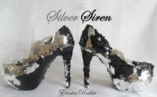 Load image into Gallery viewer, Silver Siren Scales Mermaid Reversible Sequin Fabric Heels Custom Womens Shoe High Stiletto Size 3 4 5 6 7 8 Platform Party Christmas