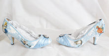 Load image into Gallery viewer, John Tenniel's Classic 1865 Alice In Wonderland Lace Fabric Custom Heel Ribbon Blue Shoe Size 3 4 5 6 7 8 Wedding Bridal Women 3" Kitten Low