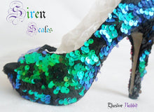 Load image into Gallery viewer, Siren Scales Mermaid Reversible Sequin Fabric Heels Custom Personalized Womens Shoe High Stiletto Size 3 4 5 6 7 8 Platform Party Christmas