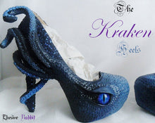 Carica l'immagine nel visualizzatore di Gallery, The Kraken Heels Custom Hand Sculpt Paint Black Blue Shoe Size 3 4 5 6 7 8 High Wedge Sea Abyss Creature Monster Mythical Octopus Squid