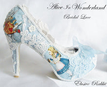 Cargar imagen en el visor de la galería, John Tenniel's Classic 1865 Alice In Wonderland Lace Fabric Custom Heel Ribbon Blue Shoe Flat Size 3 4 5 6 7 8 Wedding Bridal Heel UK Women