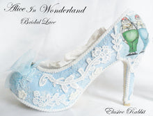 Cargar imagen en el visor de la galería, John Tenniel's Classic 1865 Alice In Wonderland Lace Fabric Custom Heel Ribbon Blue Shoe Flat Size 3 4 5 6 7 8 Wedding Bridal Heel UK Women