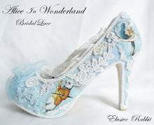 Cargar imagen en el visor de la galería, John Tenniel's Classic 1865 Alice In Wonderland Lace Fabric Custom Heel Ribbon Blue Shoe Flat Size 3 4 5 6 7 8 Wedding Bridal Heel UK Women