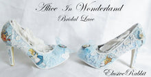 Cargar imagen en el visor de la galería, John Tenniel's Classic 1865 Alice In Wonderland Lace Fabric Custom Heel Ribbon Blue Shoe Flat Size 3 4 5 6 7 8 Wedding Bridal Heel UK Women