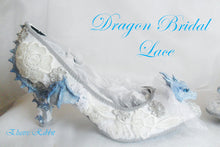 Cargar imagen en el visor de la galería, Dragon Wedding Lace Bridal Heels Fabric Flower Custom Ribbon Blue Shoe Size 3 4 5 6 7 8 UK Women 3" Kitten Low Wing