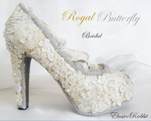 Cargar imagen en el visor de la galería, Royal Butterfly Bridal Heels Lace Sequin Fabric Custom Heel Ribbon Gold Silver Shoe Size 3 4 5 6 7 8 Wedding Bridal Women butterflies floral
