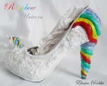 Load image into Gallery viewer, Rainbow Unicorn Sequin Heels Lace Fabric Custom Heel Ribbon White Shoe Size 3 4 5 6 7 8 Wedding Bridal Women floral Horse Fantasy Sparkly